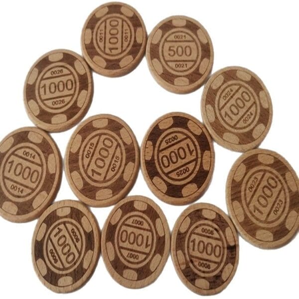 A collection of Custom Wooden Tokens, mostly marked with "1000" and a few with "500," arranged in a loose pattern on a white background.