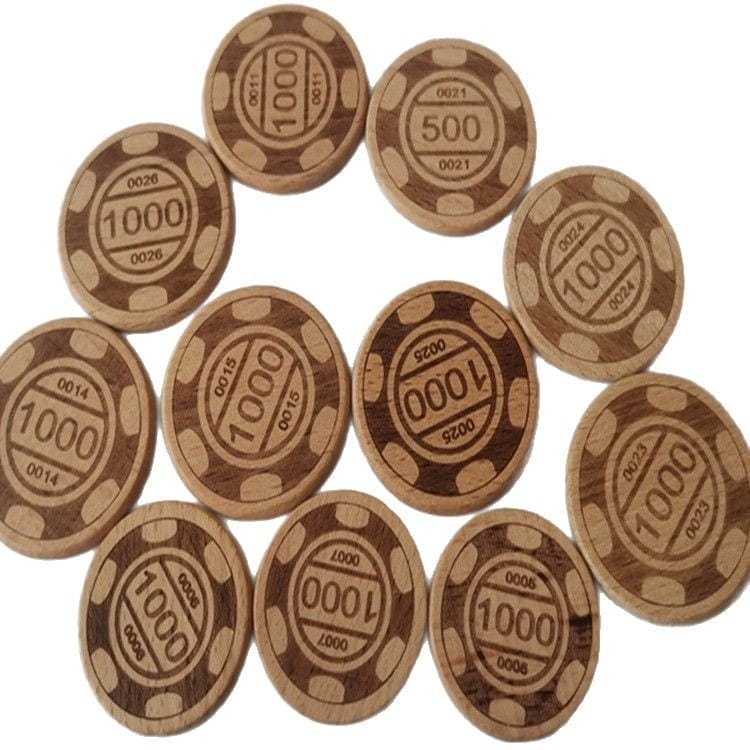 A collection of Custom Wooden Tokens, mostly marked with "1000" and a few with "500," arranged in a loose pattern on a white background.