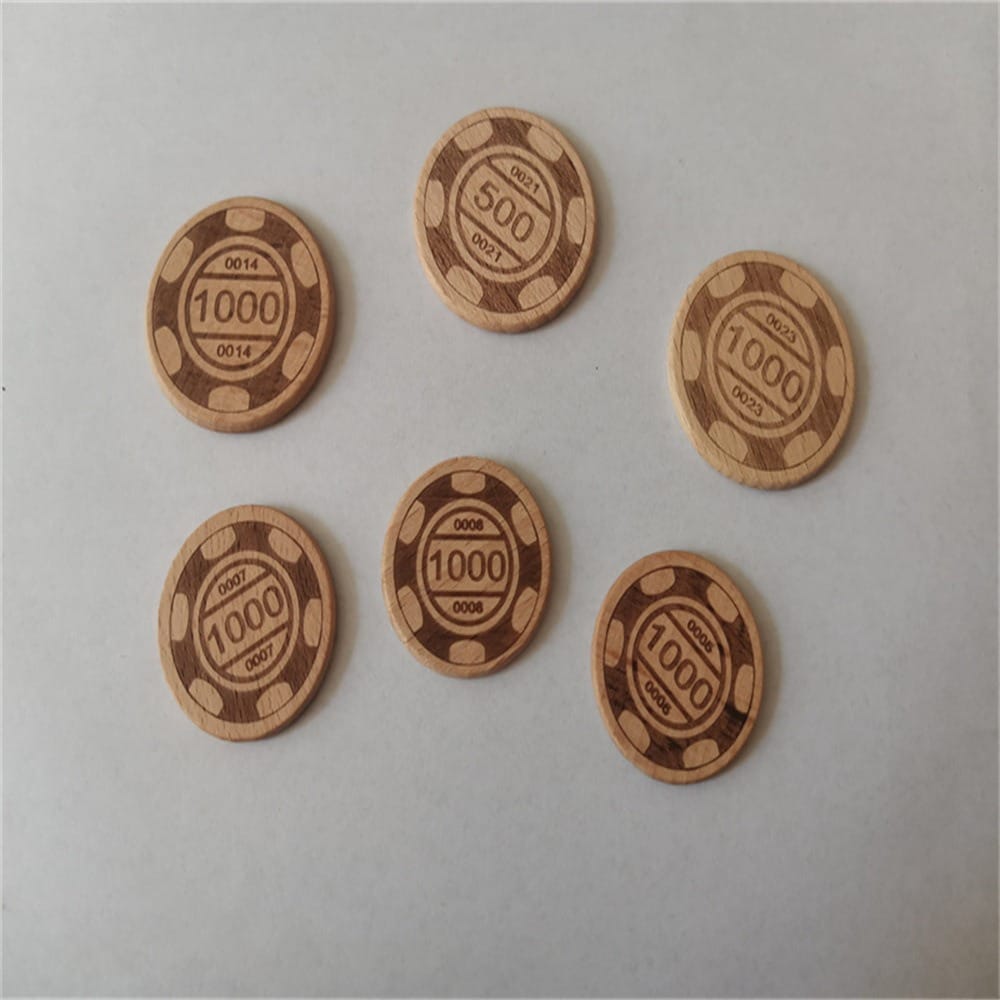 Six beech wood coins with denominations of 500 and 1000 are arranged on a plain white surface, perfect as game reward coins or elegant wooden tokens for your next game night.