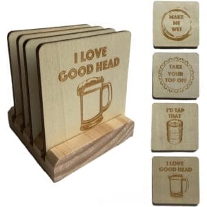 A set of Wooden Beer Coasters featuring engraved beer-themed designs and witty phrases in a stylish wooden holder. Individual coaster slogans are displayed on the right.