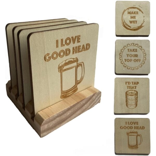 A set of Wooden Beer Coasters featuring engraved beer-themed designs and witty phrases in a stylish wooden holder. Individual coaster slogans are displayed on the right.