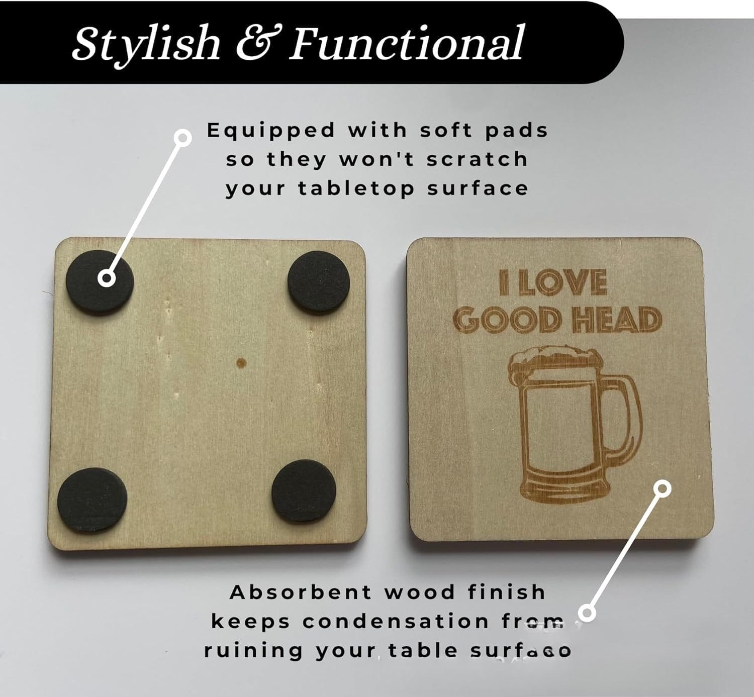 Two square Wooden Beer Coasters—one displays soft pads underneath, while the other features "I LOVE GOOD HEAD" and a beer mug expertly engraved on top.