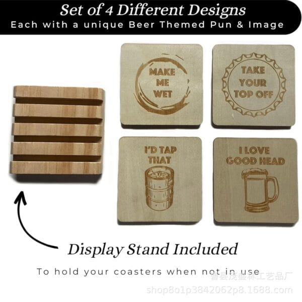 Set of four square Wooden Beer Coasters featuring beer-themed puns and images, complete with a matching wooden display stand shown on the left.