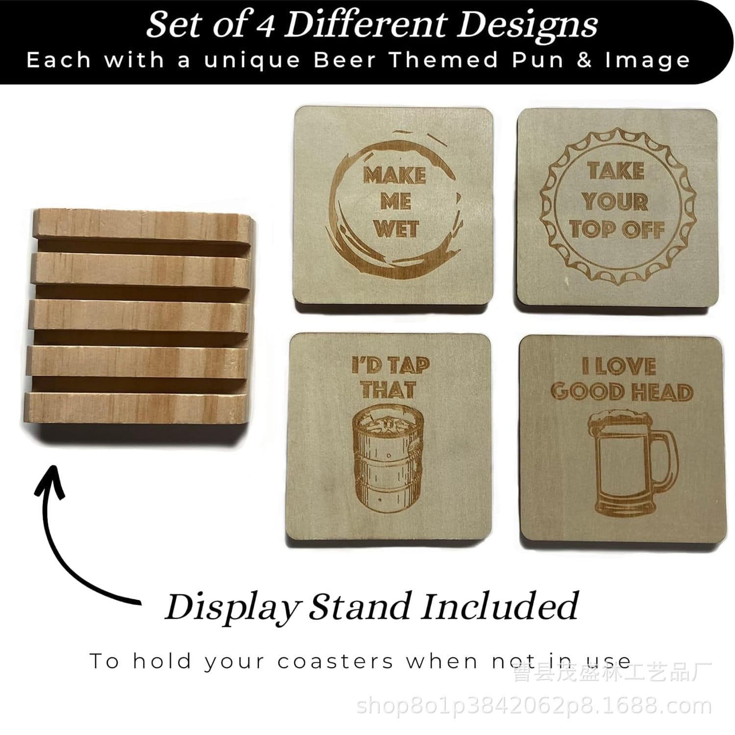 Set of four square Wooden Beer Coasters featuring beer-themed puns and images, complete with a matching wooden display stand shown on the left.
