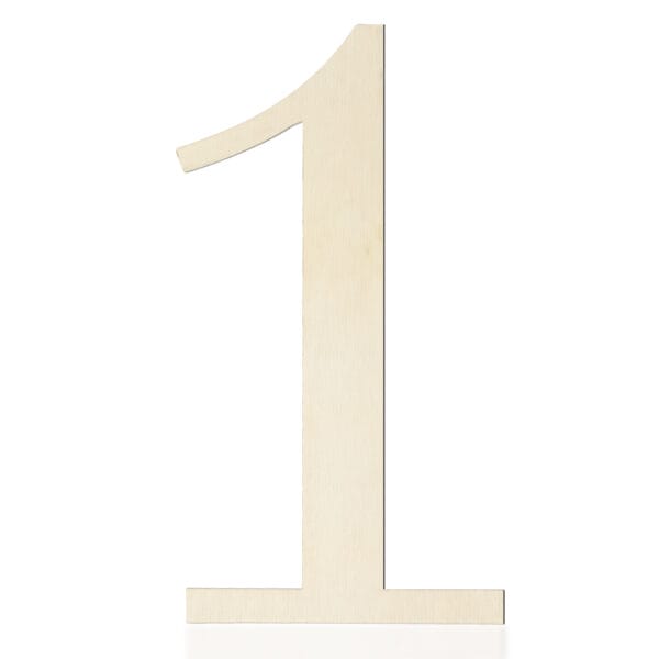 Large, light-colored wooden numeral "1" standing upright against a plain white background—perfect for DIY projects or as stylish wooden craft letters for wall decor.