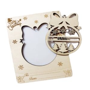 Wooden Christmas ornament card with personalized name space and "Merry Christmas" greeting. Eco-friendly wood craft pieces.