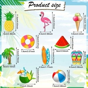 Wholesale Summer Wooden Ornaments: Colorful laser-cut wood pendants; pineapple, flamingo, ice cream, watermelon, surfboard, flip-flops, coconut, beach ball.
