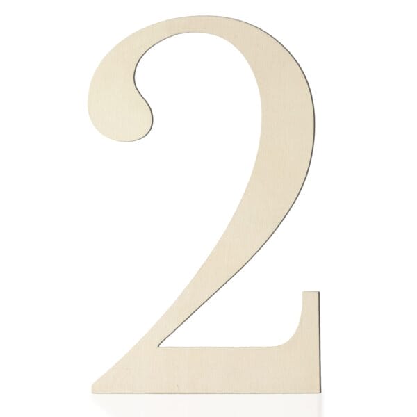 A large, light-colored Wooden Craft Letter in the shape of the number 2 stands upright on a white background, perfect for DIY projects or stylish wall decor.