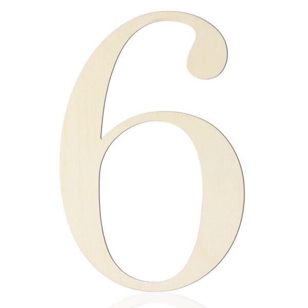 A large, light-colored wooden number six on a white background—perfect for wall decor or as part of your wholesale wooden letters collection.