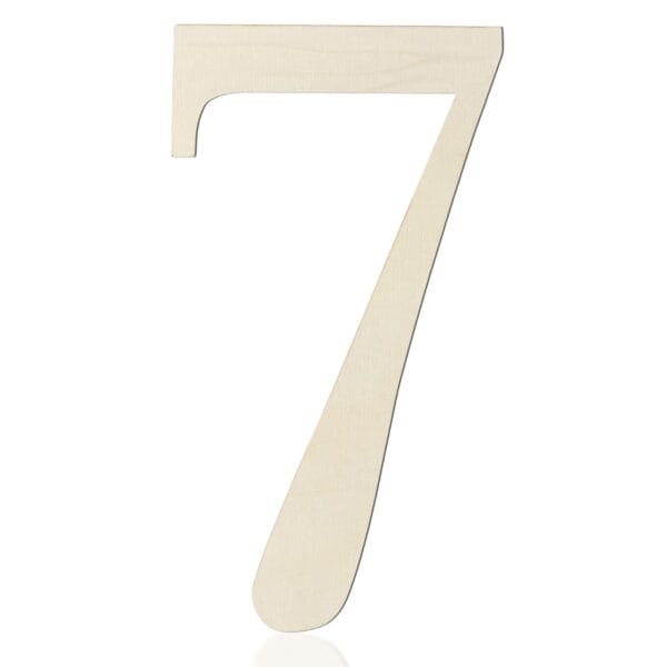 A light-colored wooden cutout of the number seven is shown against a white background, perfect for DIY wall decor or as part of your wooden craft letters collection.