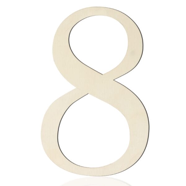 A plain, light-colored wooden cutout in the shape of the number eight, perfect for wall decor or DIY projects with wooden numbers, isolated on a white background.