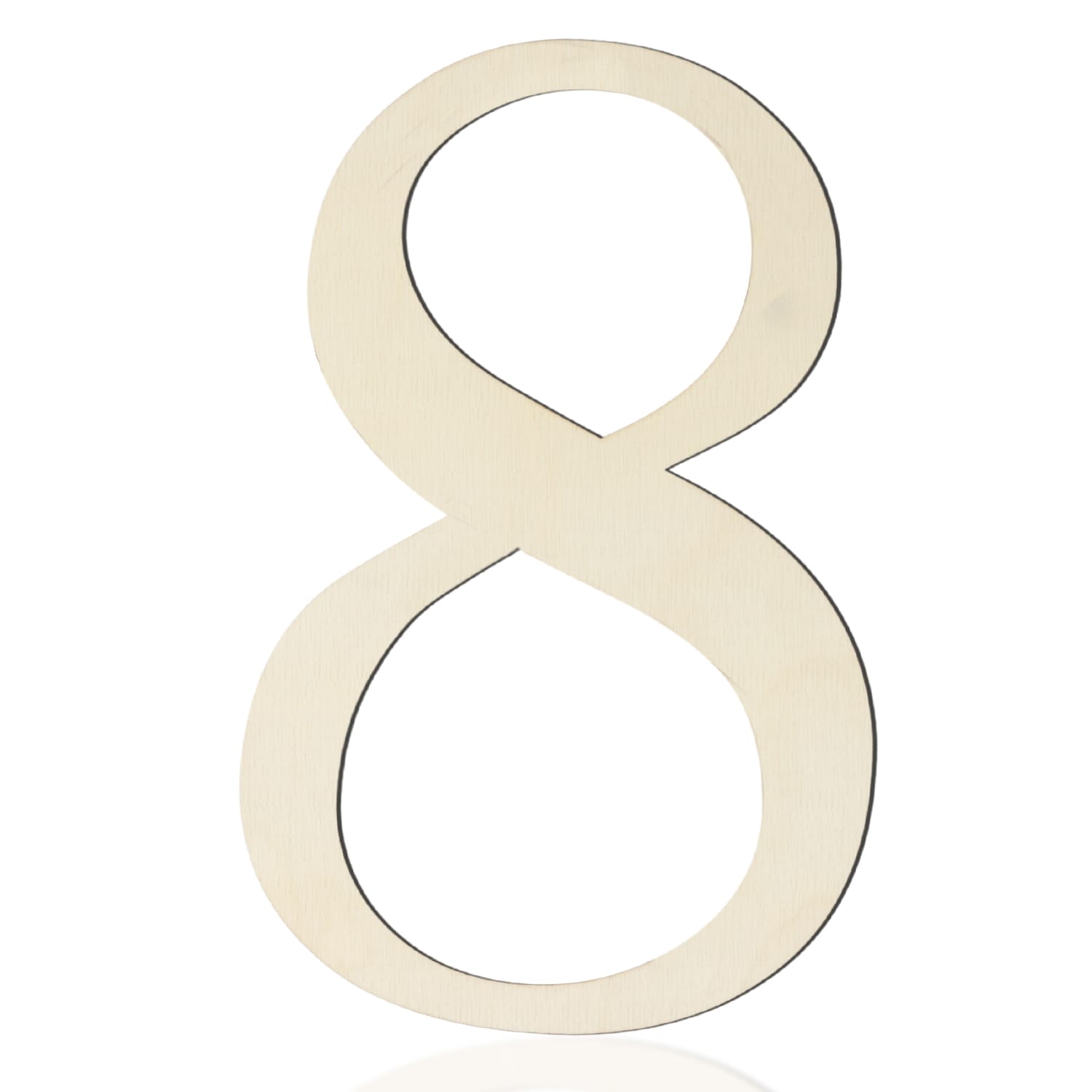 A plain, light-colored wooden cutout in the shape of the number eight, perfect for wall decor or DIY projects with wooden numbers, isolated on a white background.