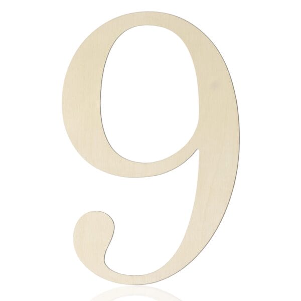 A large, light-colored wooden cutout of the number nine is shown against a white background, perfect for DIY projects or as unique wall decor using wooden craft letters.