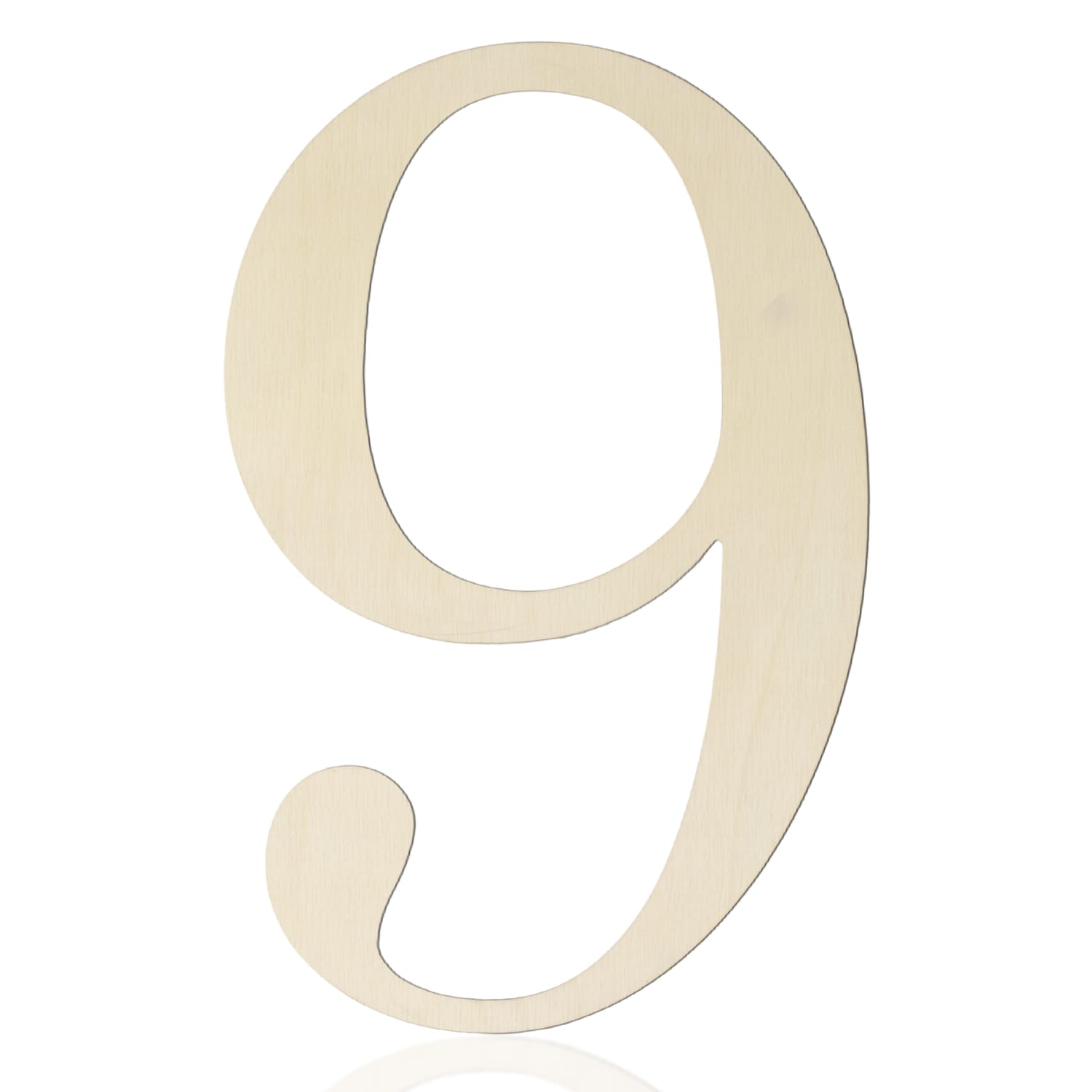 A large, light-colored wooden cutout of the number nine is shown against a white background, perfect for DIY projects or as unique wall decor using wooden craft letters.