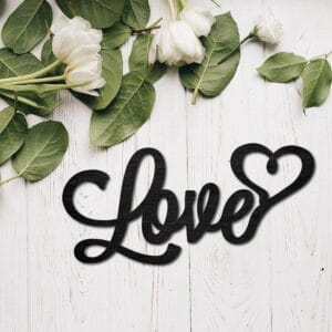 Wholesale Cursive Wooden Letters: Laser-cut Baltic birch "Love" sign with heart detail. 7.8x11.9 inches. Customizable bulk packs available.