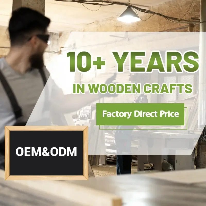 A man works in a woodshop with text overlay stating "10+ Years in Wooden Crafts," "Factory Direct Price," and "OEM&ODM" on a chalkboard, surrounded by beech wood rings perfect for DIY projects and wooden ring craft supplies.