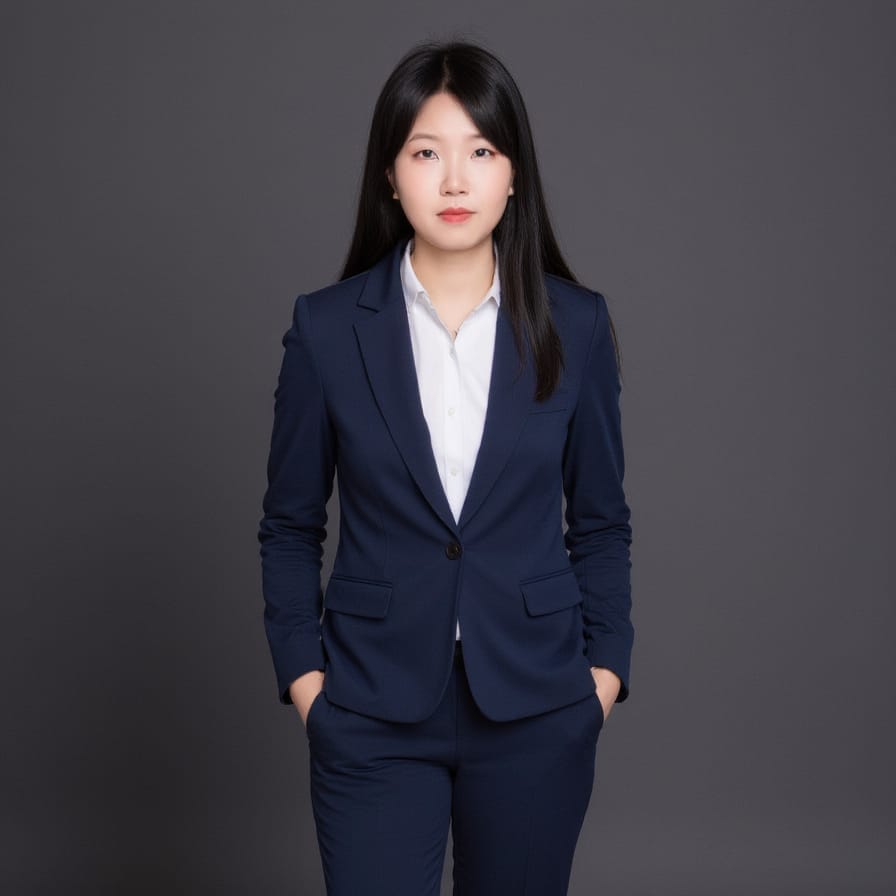 A woman in a navy blue suit and white shirt stands with her hands in her pockets against a plain gray background.
