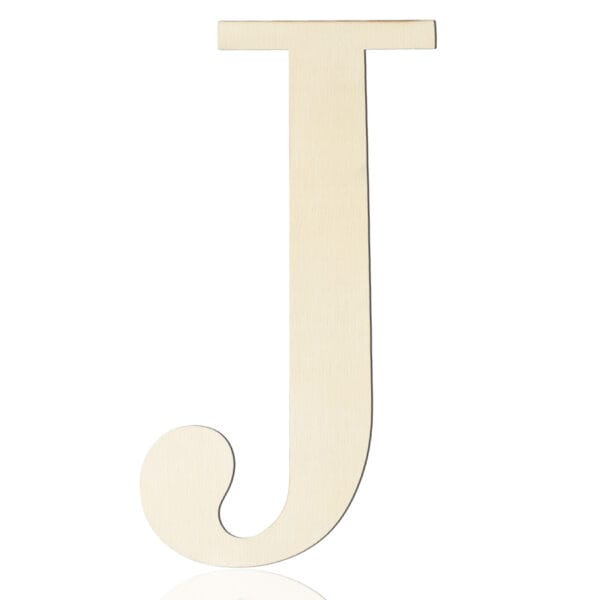 A plain, beige-colored Wooden Craft Letter "J" with a flat top and a curved tail, perfect for DIY wall decor, stands upright against a white background.