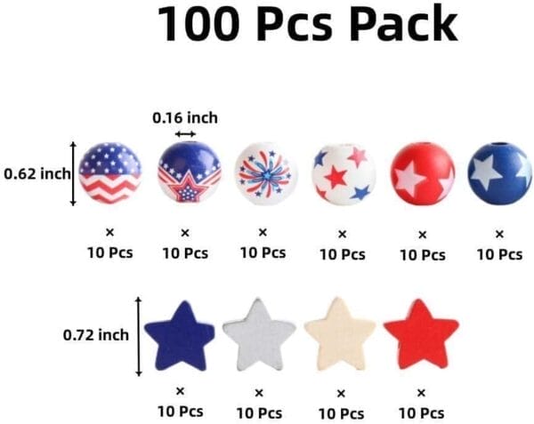 July 4th Patriotic Wooden Beads Bulk: Star print spacer beads and star cutouts for DIY garland & jewelry making.