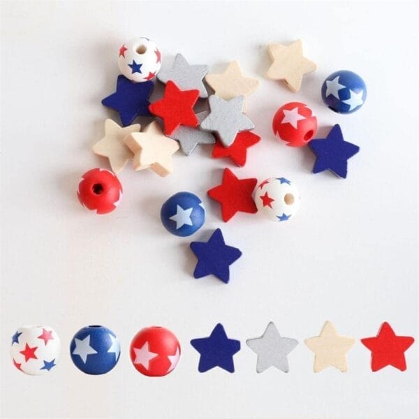 July 4th Patriotic Wooden Beads: Star print spacer beads in bulk for DIY garland and jewelry making.