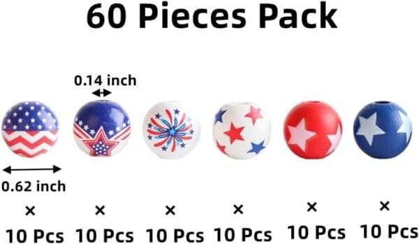 July 4th Patriotic Wooden Beads: 60 star and stripe wooden beads in bulk for DIY garland & jewelry.