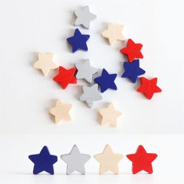 July 4th Patriotic Wooden Beads: Star print spacer beads in bulk for DIY garland & jewelry making.