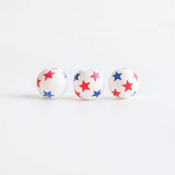 July 4th Patriotic Wooden Beads: Star print spacer beads for DIY garland & jewelry projects. White wooden beads in bulk.