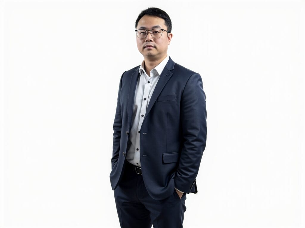 A man in a navy suit with a white dress shirt stands facing forward with hands in pockets against a plain white background.