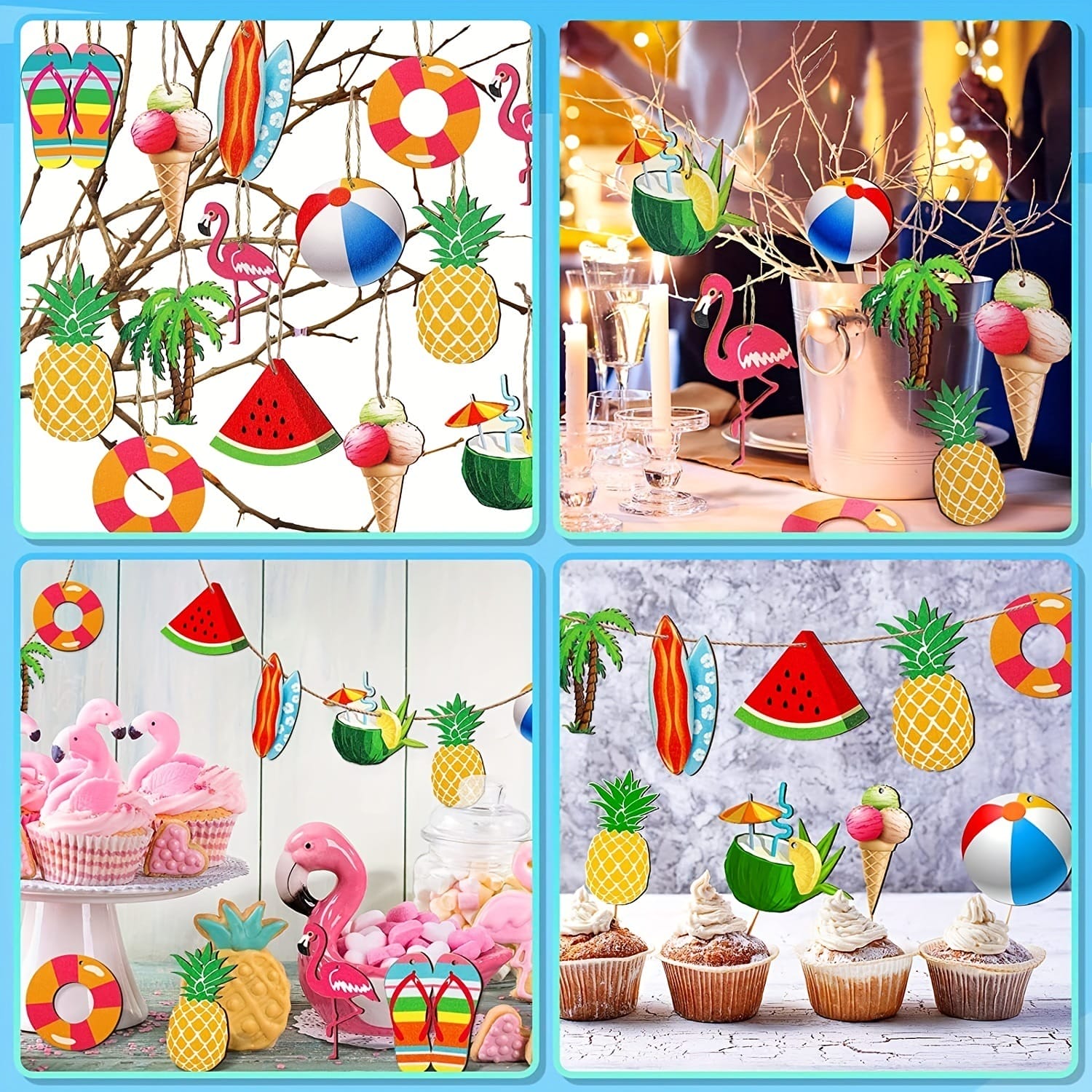 Collage of summer-themed party decorations in a Hawaiian Beach Style, featuring flamingos, beach balls, palm trees, watermelon pendants, pineapples, and desserts arranged on tables, branches, and with cupcakes.