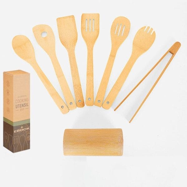 A Bamboo Utensil Set featuring seven non-stick utensils, a pair of bamboo tongs, a utensil holder, and a product box are displayed on a white background.
