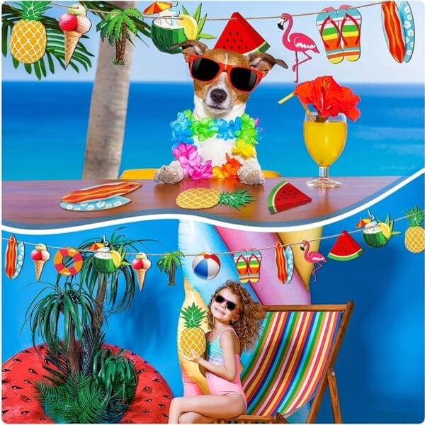 A dog wearing sunglasses and a watermelon hat sits at a tropical-themed table featuring a Watermelon Pendant, while a girl in sunglasses relaxes on a striped chair holding a pineapple-shaped cup.