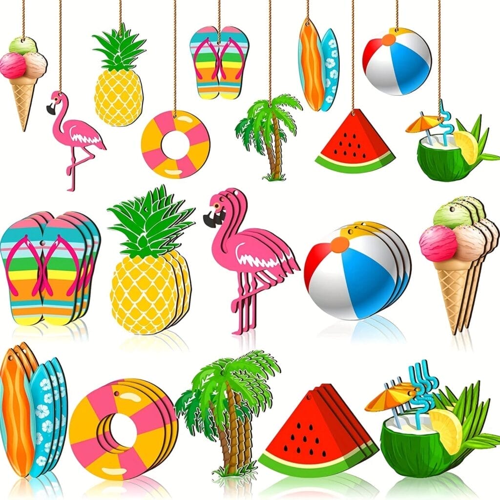 Colorful wood ornaments shaped like summer-themed items, including pineapples, flamingos, palm trees, flip-flops, life rings, beach balls, watermelon slices, ice cream cones, and coconut drinks.