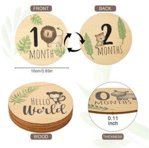 Eco-friendly baby milestone wooden discs featuring adorable jungle animals. Perfect for monthly photos. Piece wood.