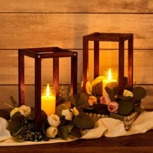 Wholesale Wood Candle Stand: Wooden lanterns with candles and floral decor, ideal for wedding table centerpieces.