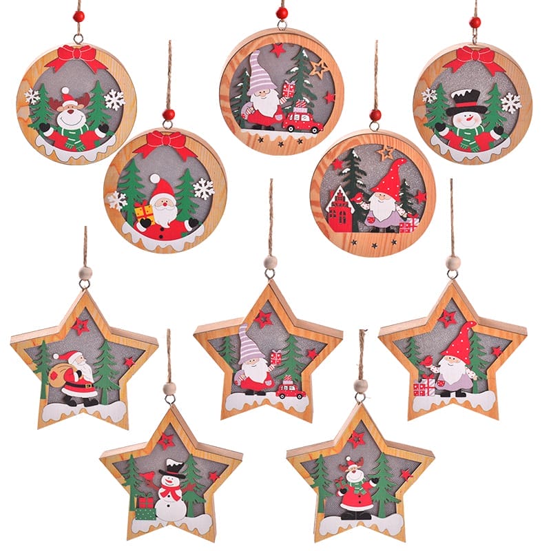 Wood Christmas Ornaments: Santa, snowman, and gnome designs with LED lights, perfect for holiday decor.