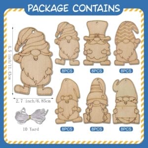 Creative Decorative Wood Cut Outs: 8 unfinished wooden gnome ornaments for DIY crafts, home decor, or parties. Includes 10 yards of string.