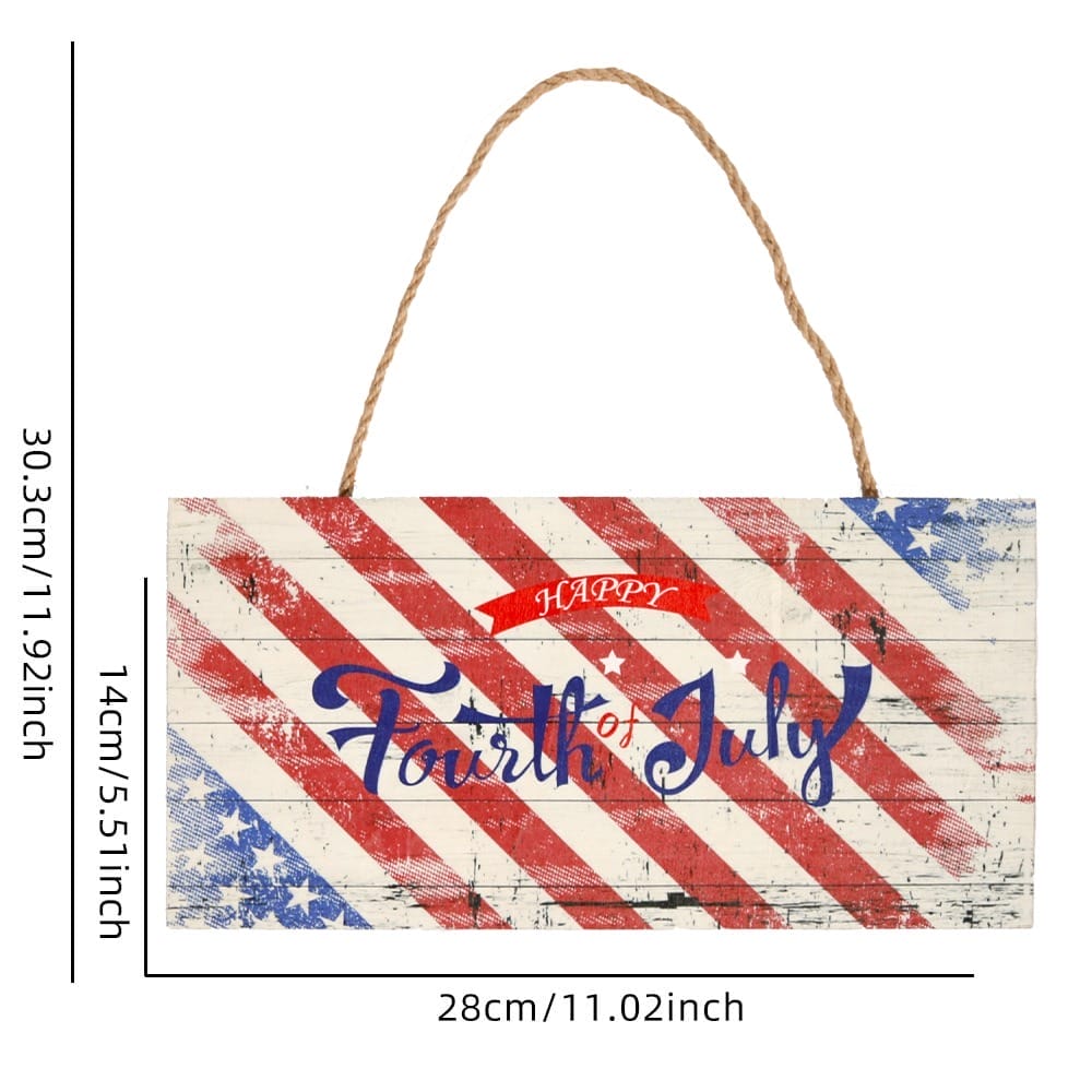A rectangular wooden American flag sign with red and white stripes, blue stars, and the text "Happy Fourth of July." Sign measures 28cm x 14cm and hangs by a rope.