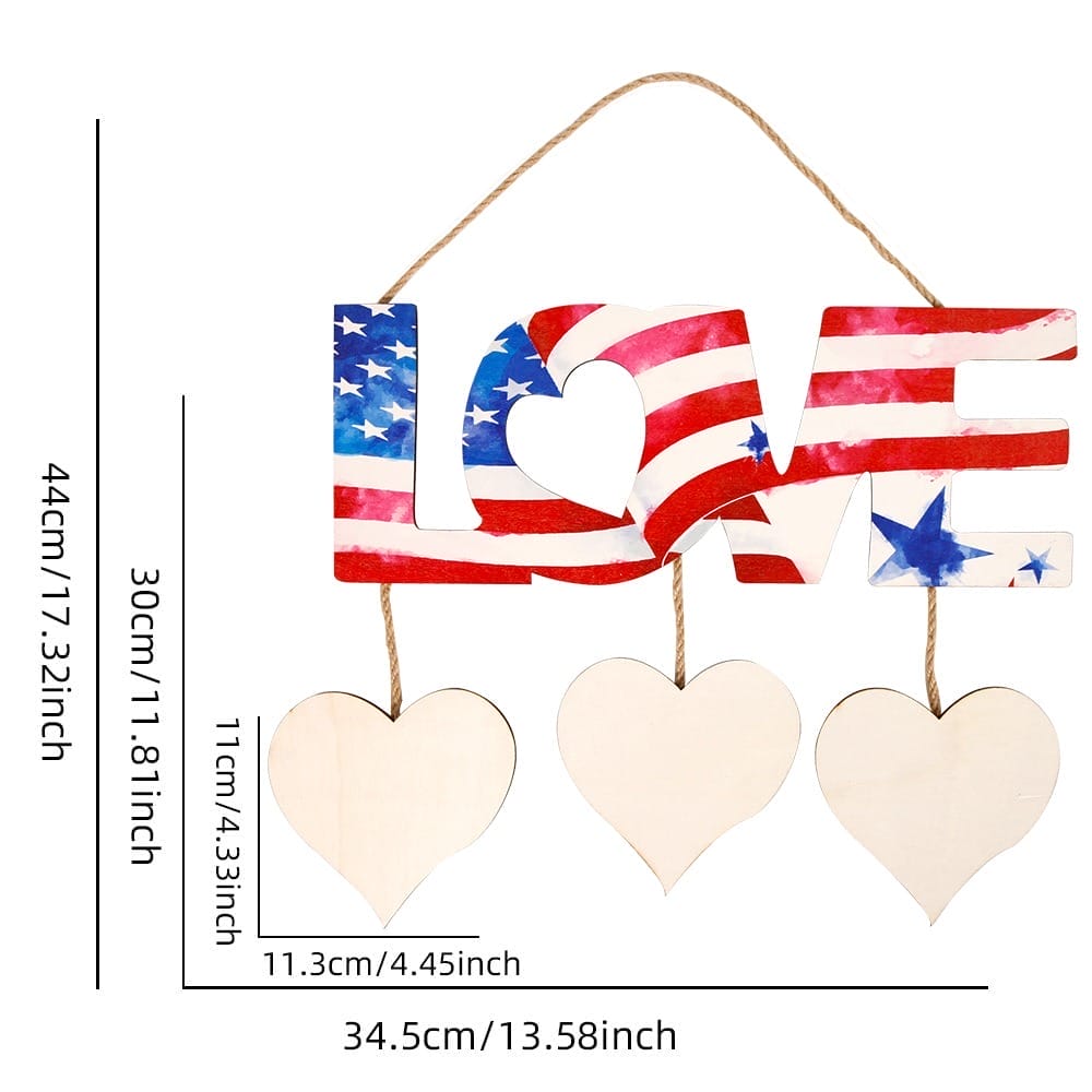 Wooden wall hanging featuring "LOVE" in a wooden American flag design, with three blank heart shapes below and labeled measurements in centimeters and inches.