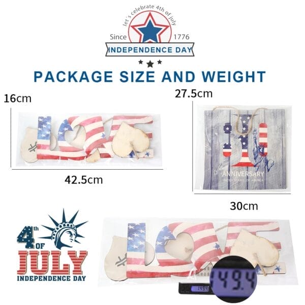 Image shows a 4th of July Independence Day decoration featuring a wooden American flag, with package dimensions labeled as 16cm x 27.5cm, 42.5cm x 30cm, and a digital scale displaying a weight of 493.4g.