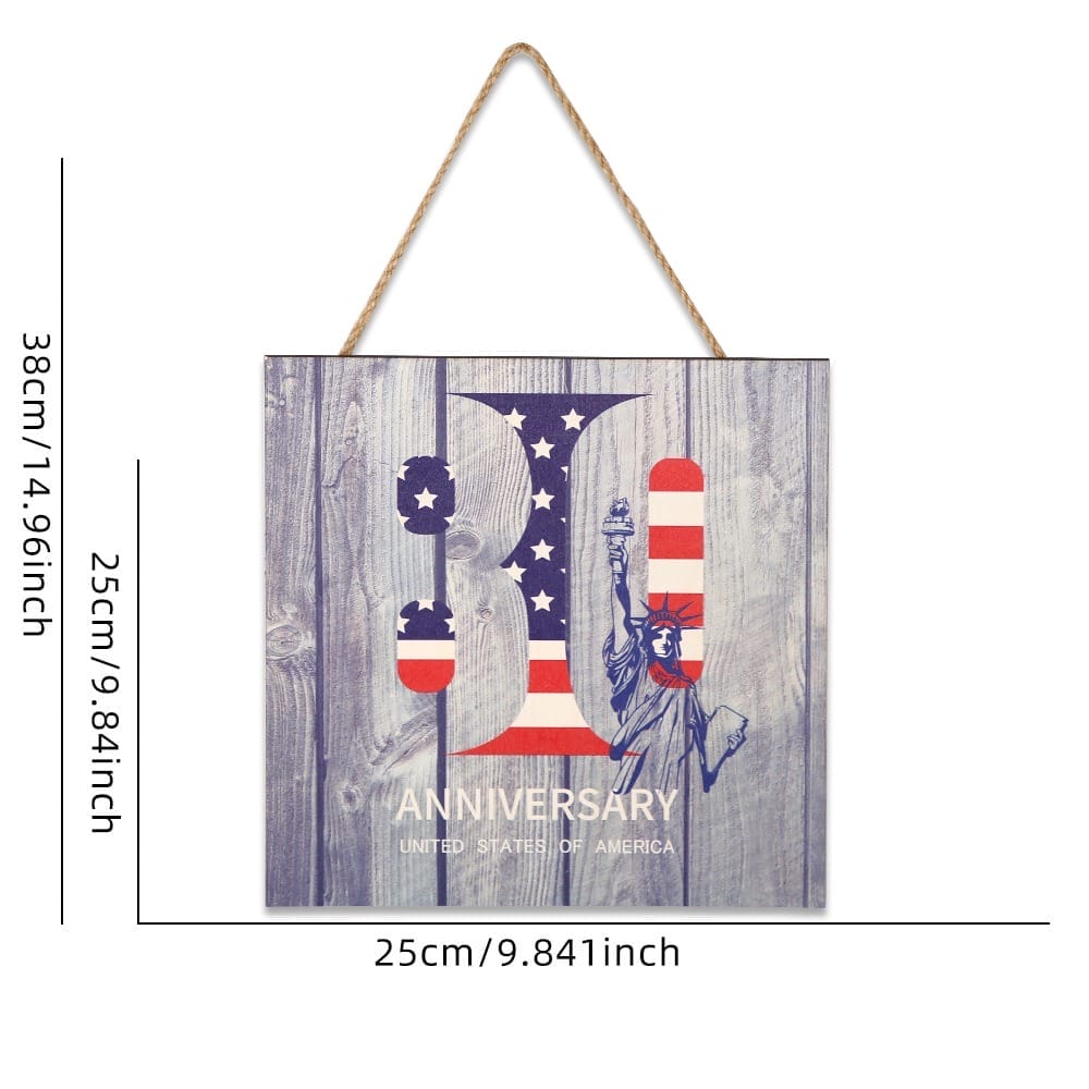 Square wooden sign with “30 Anniversary United States of America” text, wooden American flag design, Statue of Liberty graphic, and dimensions shown: 25cm x 25cm, with a 38cm hanging length.