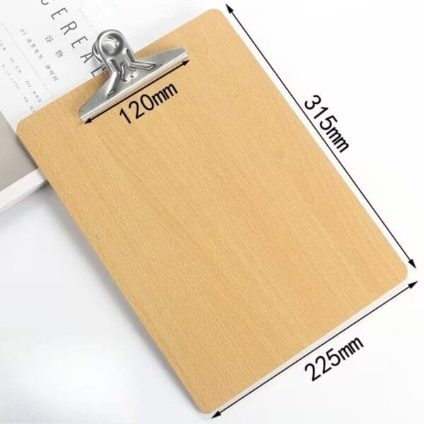 A wooden clipboard with a metal clip, perfect for A4 clipboards or butterfly clip menu holders, measures 315mm by 225mm with a 120mm wide clip and is displayed on a white surface.