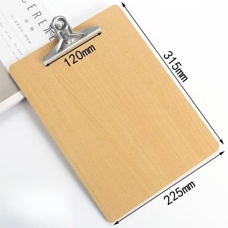 A wooden clipboard with a metal clip, perfect for A4 clipboards or butterfly clip menu holders, measures 315mm by 225mm with a 120mm wide clip and is displayed on a white surface.