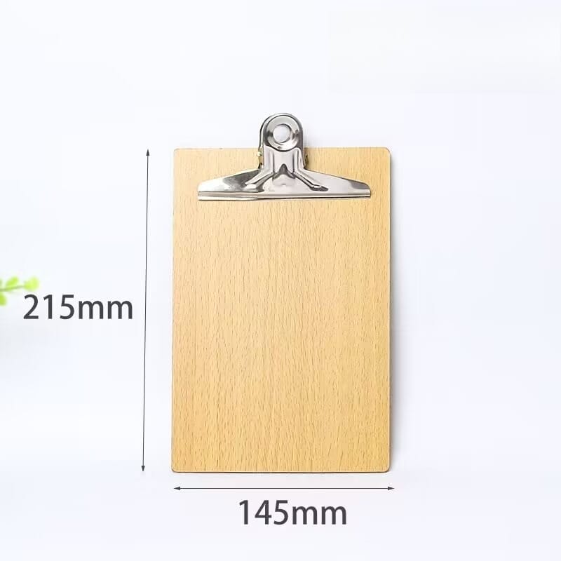 A wooden clipboard with a metal clip is shown upright, ideal for wholesale wooden clipboards or butterfly clip menu holders. Dimensions are indicated: 215mm tall and 145mm wide against a white background.