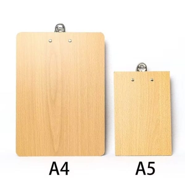 Two wooden clipboards are shown side by side, labeled A4 on the left and A5 on the right, illustrating their size difference—perfect for wholesale buyers seeking sturdy butterfly clip menu holders.