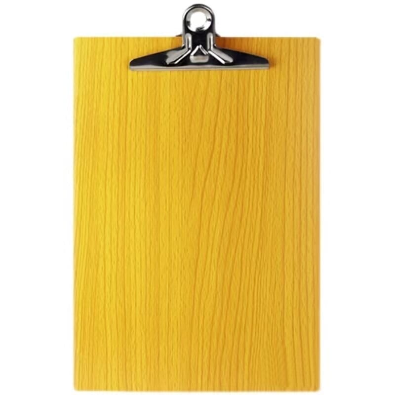 A yellow wooden clipboard with a silver metal clip at the top, perfect as an A4 clipboard or menu holder, photographed against a white background.
