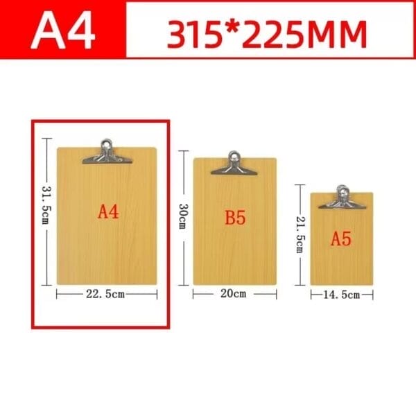 Three wholesale wooden clipboards labeled A4, B5, and A5 are displayed side by side, each featuring its dimensions in centimeters above and beside. Perfect for use as stylish butterfly clip menu holders in cafes or restaurants.