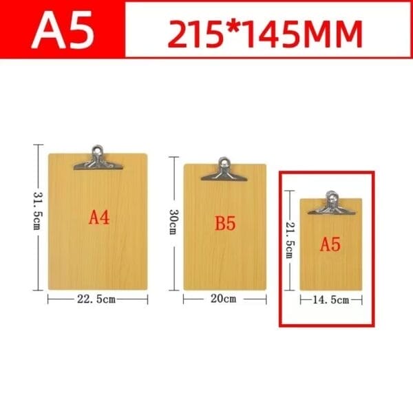 Three Wooden Clipboards labeled A4, B5, and A5 are shown side by side with their dimensions listed; the A5 clipboard is highlighted with a red border, ideal for wholesale or as Butterfly Clip Menu Holders.