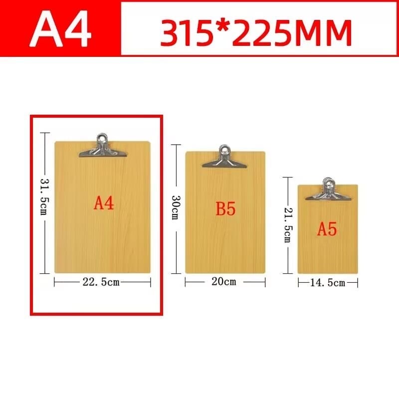 Three clipboards in sizes A4, B5, and A5 are shown with dimensions: A4 (31.5x22.5cm), B5 (30x20cm), and A5 (21.5x14.5cm)—ideal as Butterfly Clip Menu Holders or for wholesale wooden clipboards needs.