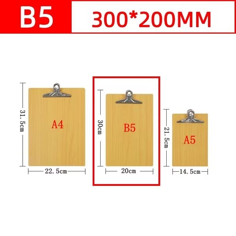 Three Wooden Clipboards in sizes A4, B5, and A5 are shown with dimensions labeled in centimeters. The B5 clipboard is highlighted with a red rectangle—ideal for Butterfly Clip Menu Holders and available at wholesale prices.