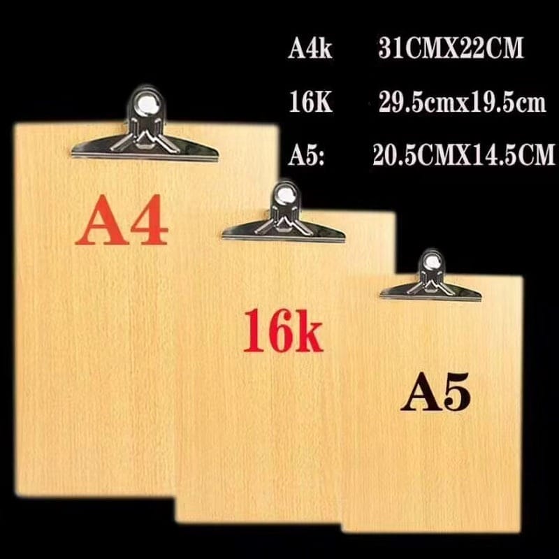 Three wooden clipboards of different sizes—A4, 16k, and A5—are shown with their dimensions: 31x22 cm, 29.5x19.5 cm, and 20.5x14.5 cm, ideal as stylish butterfly clip menu holders for wholesale orders.